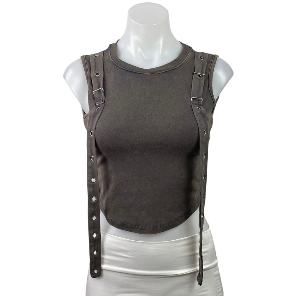 Barcode Gray Knitted Belted Shoulder Sleeveless Crew Neck Crop Tank Top Size S
